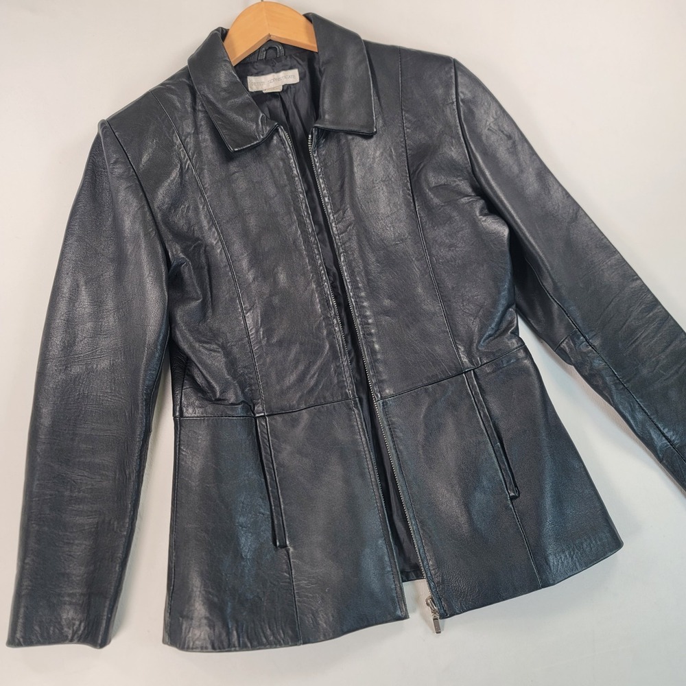 Vintage Petite Sophisticate Black Leather Jacket Womens P Fitted Y2K 90s Zip